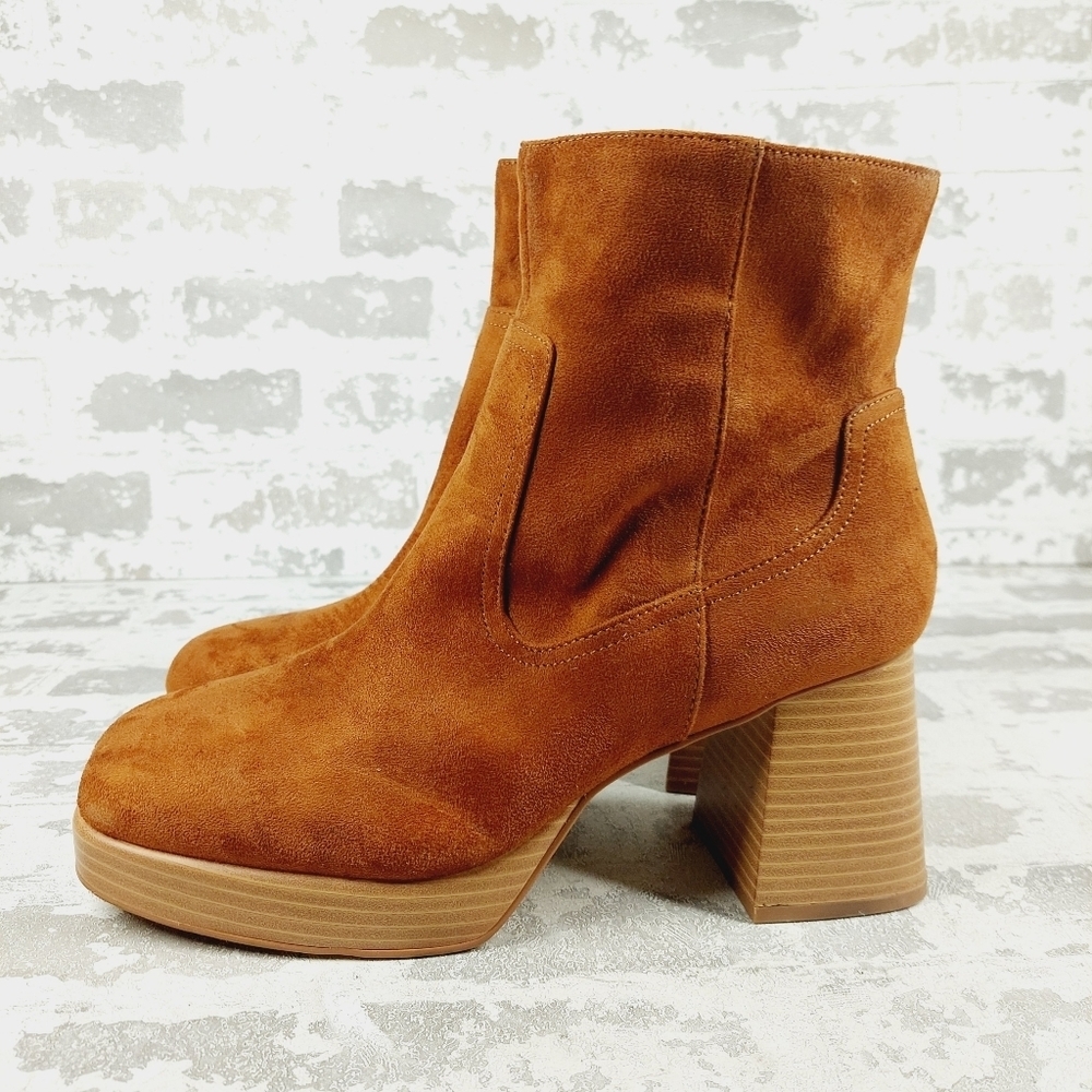 New Bp Keyla Brown Faux Suede Block Heel Retro Ankle Boots K255